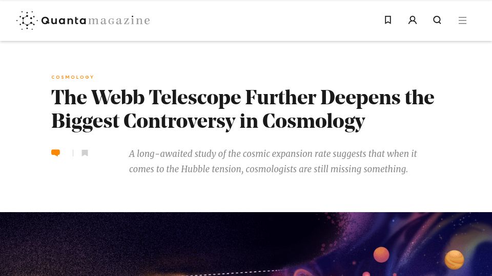 Screenshot of quantamagazine.org: The Webb Telescope further deepens the Hubble tension controversy in cosmology