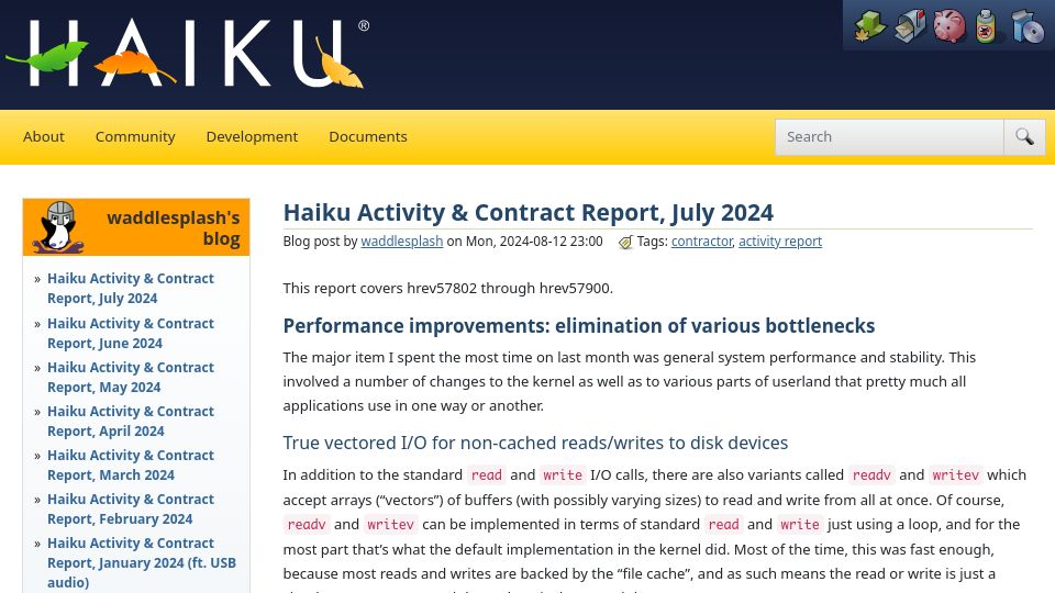Screenshot of haiku-os.org: Haiku Activity and Contract Report, July 2024