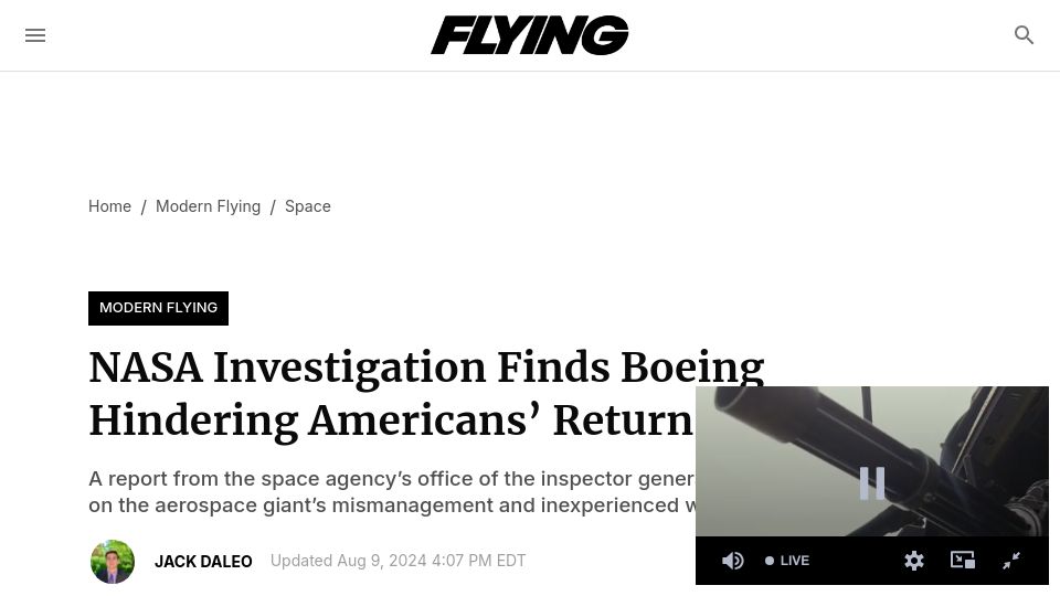 Screenshot of flyingmag.com: NASA investigation finds Boeing hindering Americans' return to moon