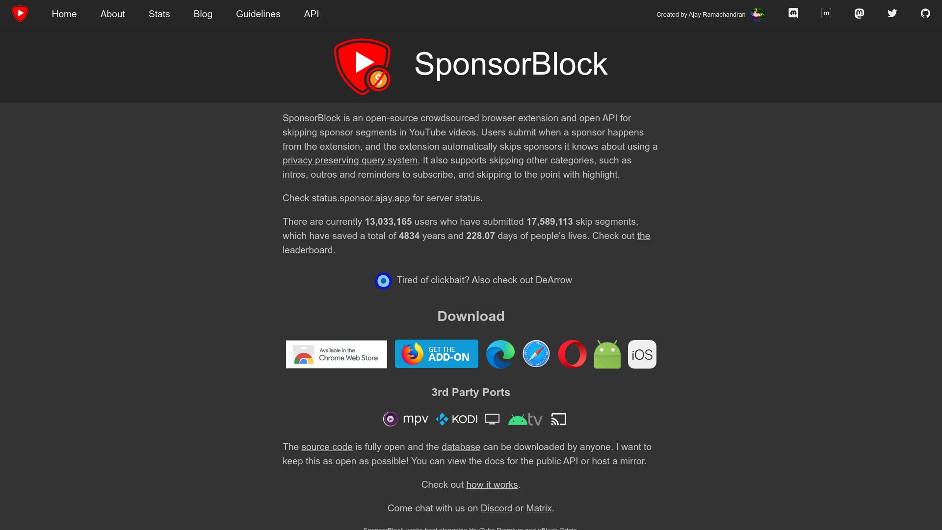 Screenshot of sponsor.ajay.app: SponsorBlock – skip sponsor segments on YouTube