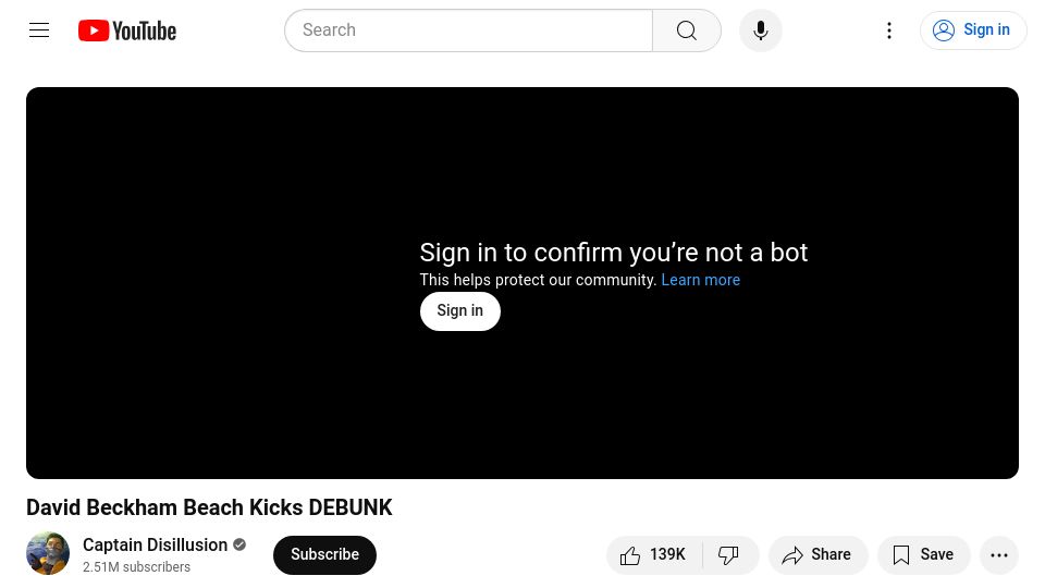 Screenshot of youtube.com: Captain Disillusion debunks David Beckham beach kicks [video]