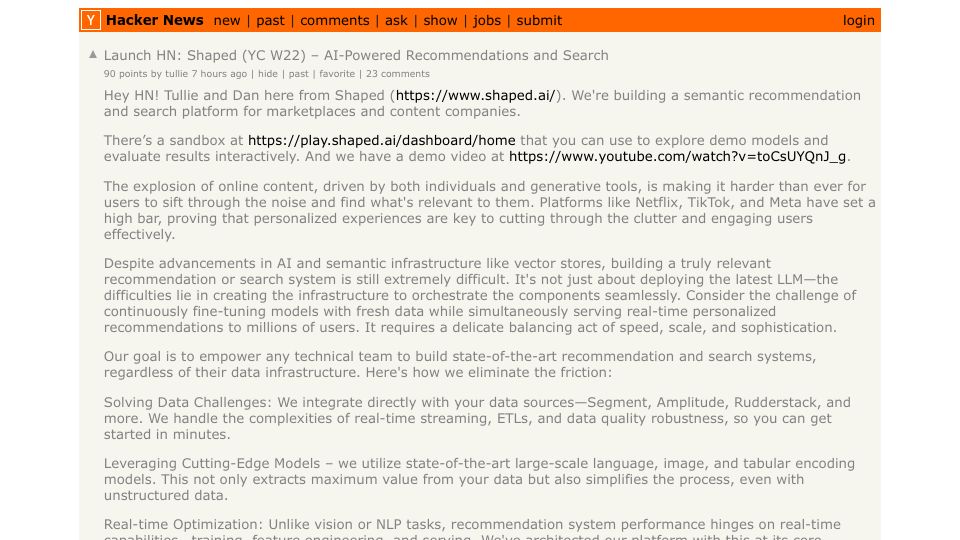 Screenshot of Hacker News post: Launch HN: Shaped (YC W22) – AI-Powered Recommendations and Search