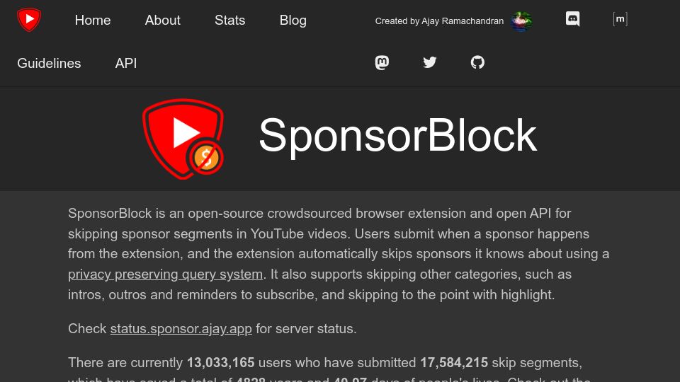 Screenshot of sponsor.ajay.app: SponsorBlock – skip sponsor segments on YouTube