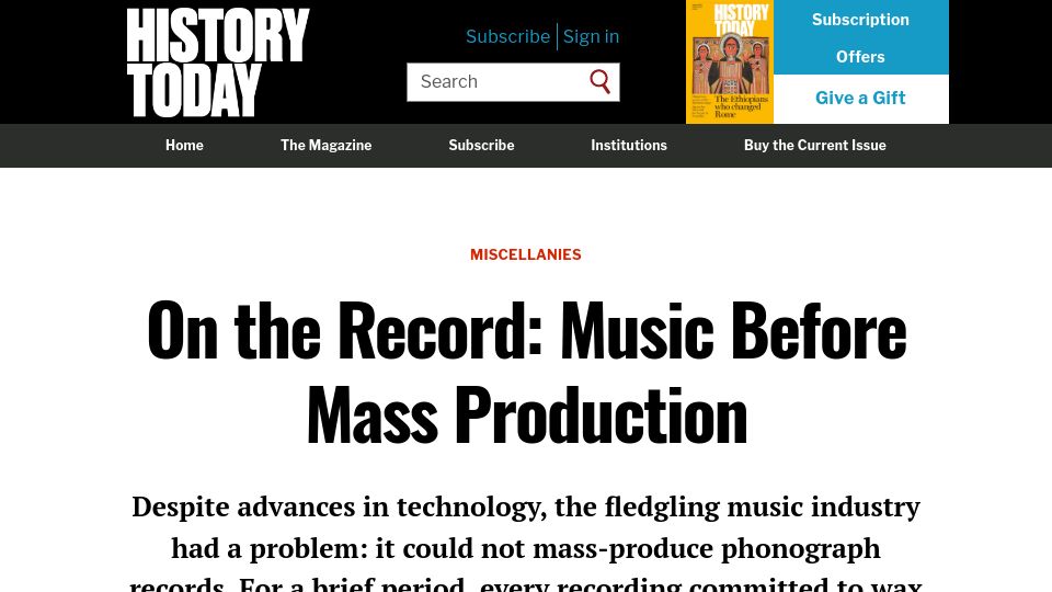 Screenshot of historytoday.com: On the Record: Music before mass production (2018)