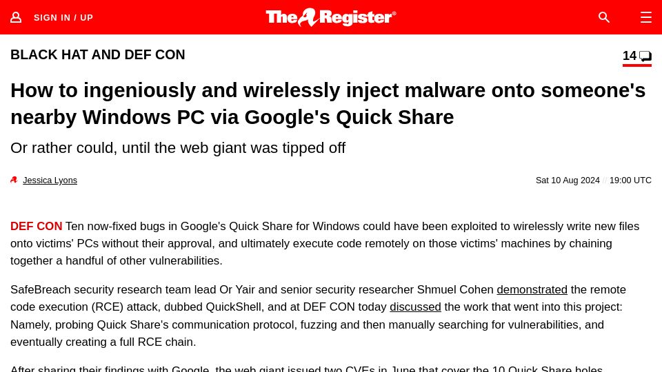 Screenshot of theregister.com: Google patches Quick Share for Windows to shut malware hole