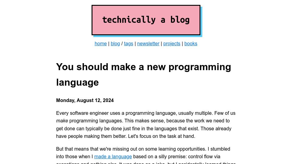 Screenshot of ntietz.com: What you learn by making a new programming language