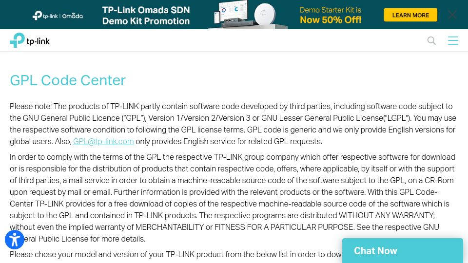 Screenshot of tp-link.com: TP-Link GPL Code Center