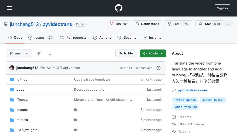 Screenshot of github.com: Open-source tool translates and dubs videos into other languages using AI