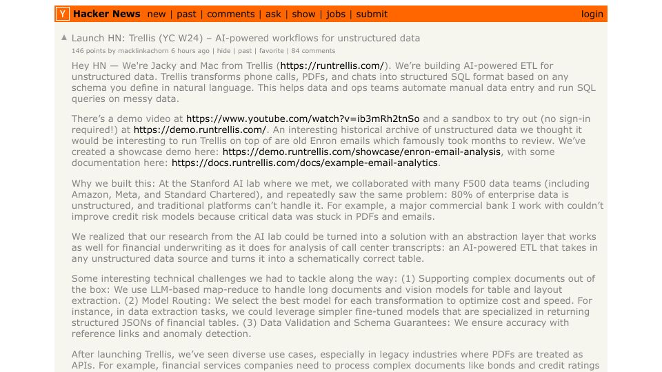 Screenshot of Hacker News post: Launch HN: Trellis (YC W24) – AI-powered workflows for unstructured data