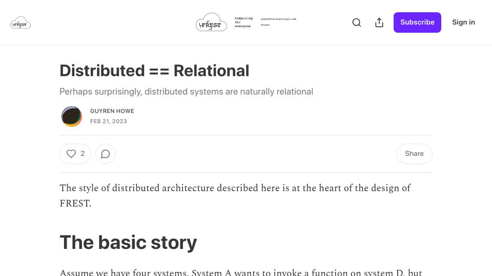 Screenshot of frest.substack.com: Distributed == Relational