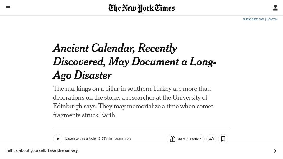 Screenshot of nytimes.com: Ancient calendar, recently discovered, may document a long-ago disaster