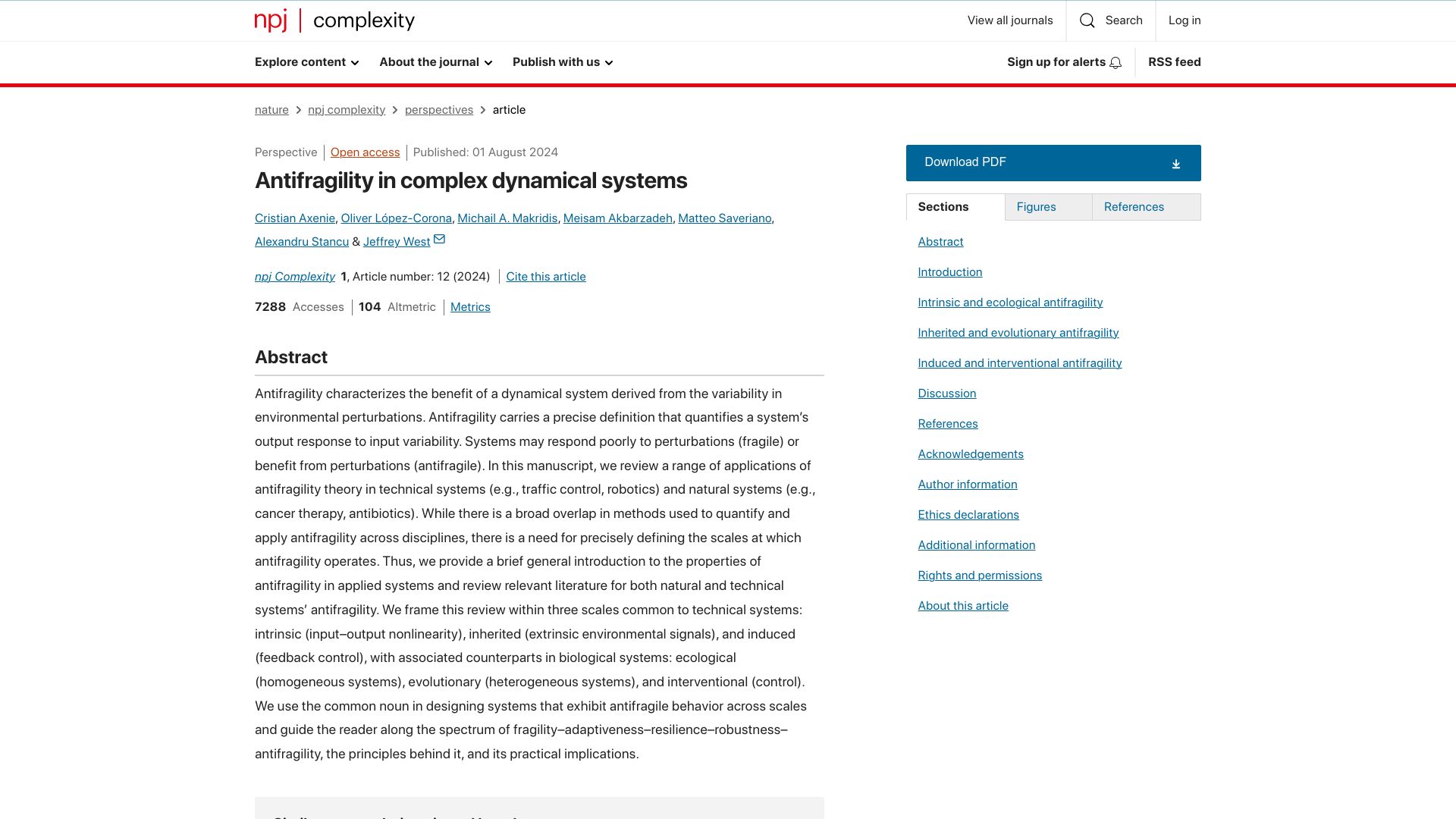 Screenshot of nature.com: Antifragility in complex dynamical systems