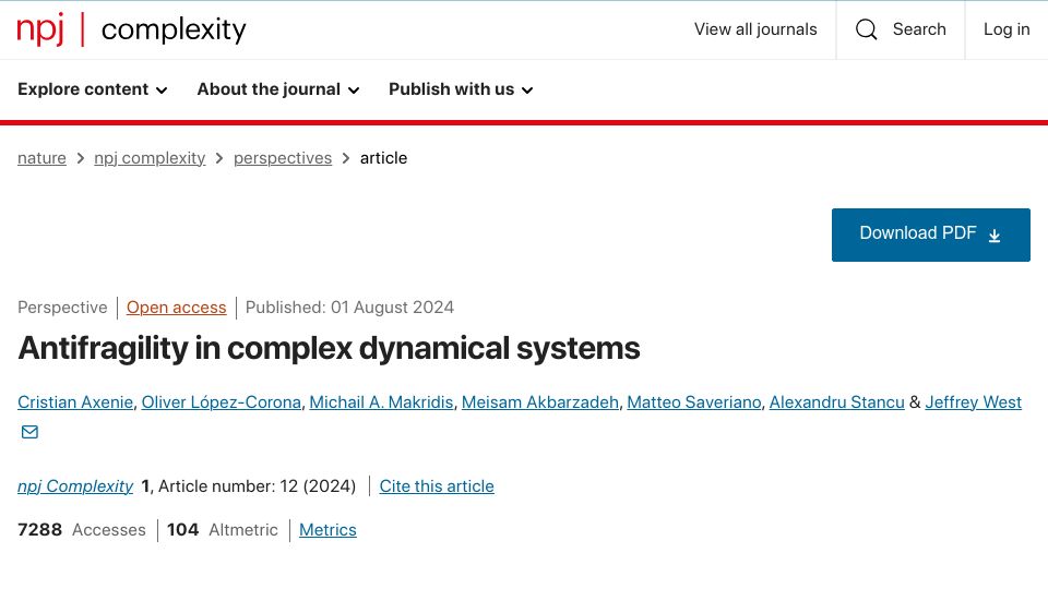 Screenshot of nature.com: Antifragility in complex dynamical systems