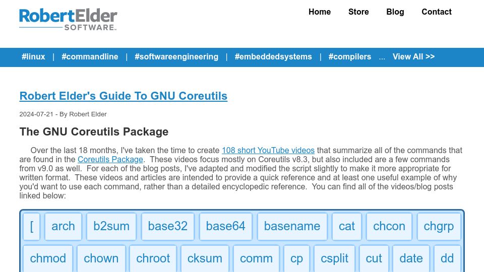 Screenshot of blog.robertelder.org: Robert Elder's Guide to GNU Coreutils