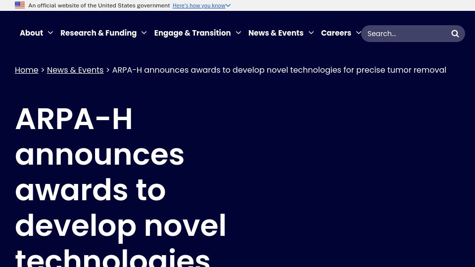Screenshot of arpa-h.gov: ARPA-H announces awards to develop novel technologies for precise tumor removal