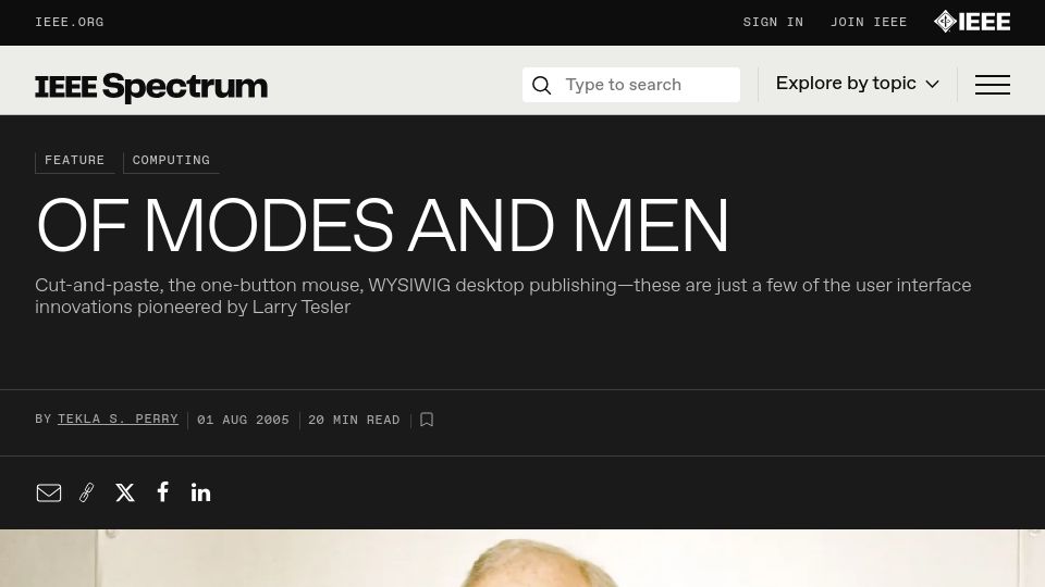 Screenshot of spectrum.ieee.org: Larry Tesler pioneered cut-and-paste, the one-button mouse, WYSIWYG (2005)
