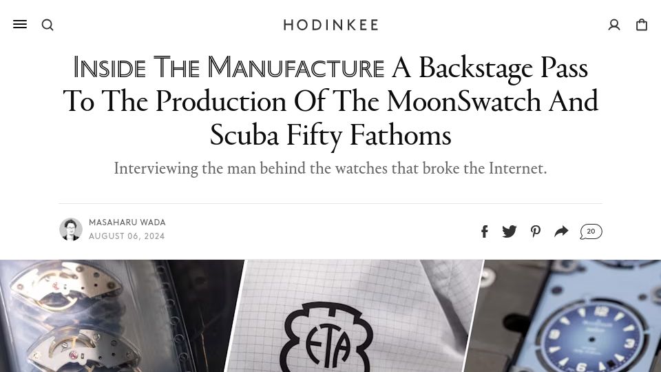 Screenshot of hodinkee.com: A Backstage Pass to the Production of the MoonSwatch and Scuba Fifty Fathoms