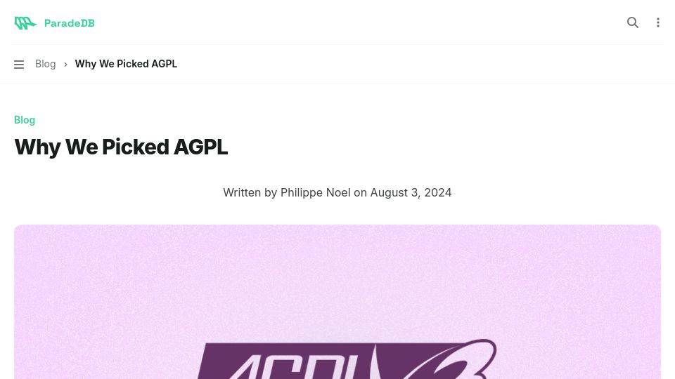 Screenshot of blog.paradedb.com: Why we picked AGPL