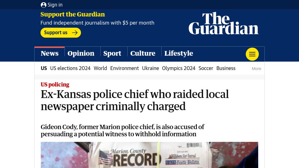 Screenshot of theguardian.com: Ex-Kansas police chief who raided local newspaper criminally charged