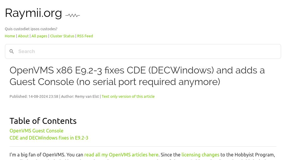 Screenshot of raymii.org: OpenVMS x86 E9.2-3 fixes CDE (DECWindows) and adds a Guest Console
