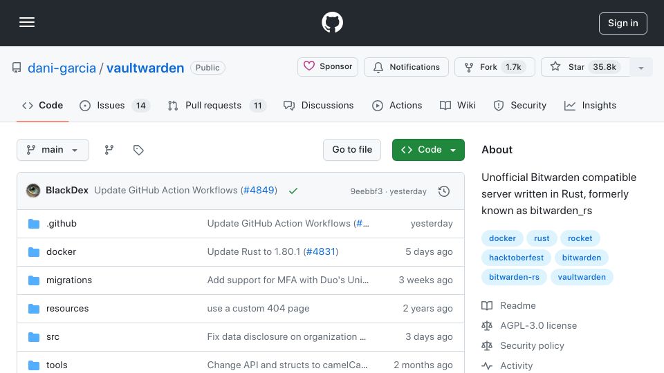 Screenshot of github.com: Vaultwarden: Unofficial Bitwarden compatible server written in Rust