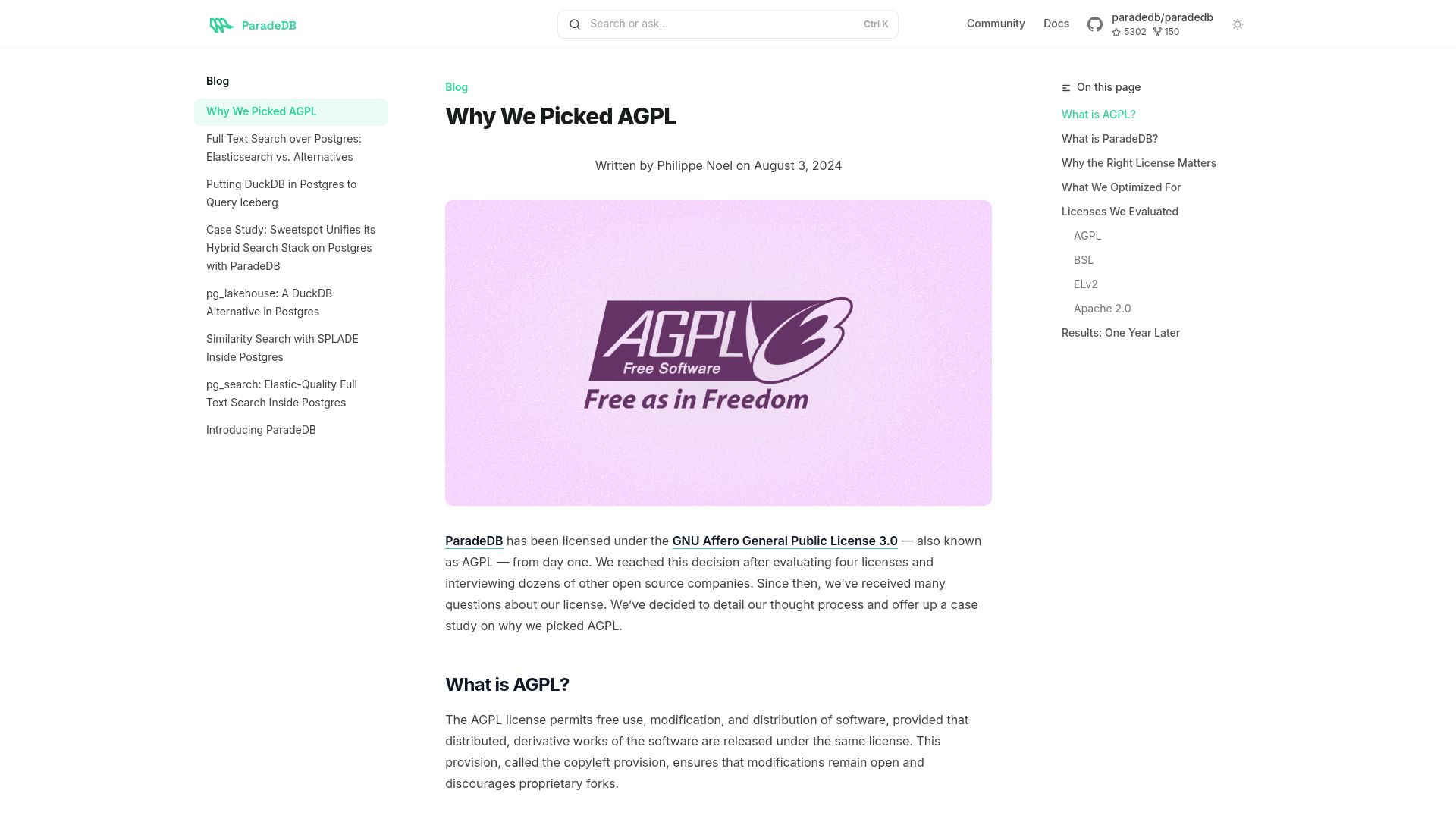 Screenshot of blog.paradedb.com: Why we picked AGPL