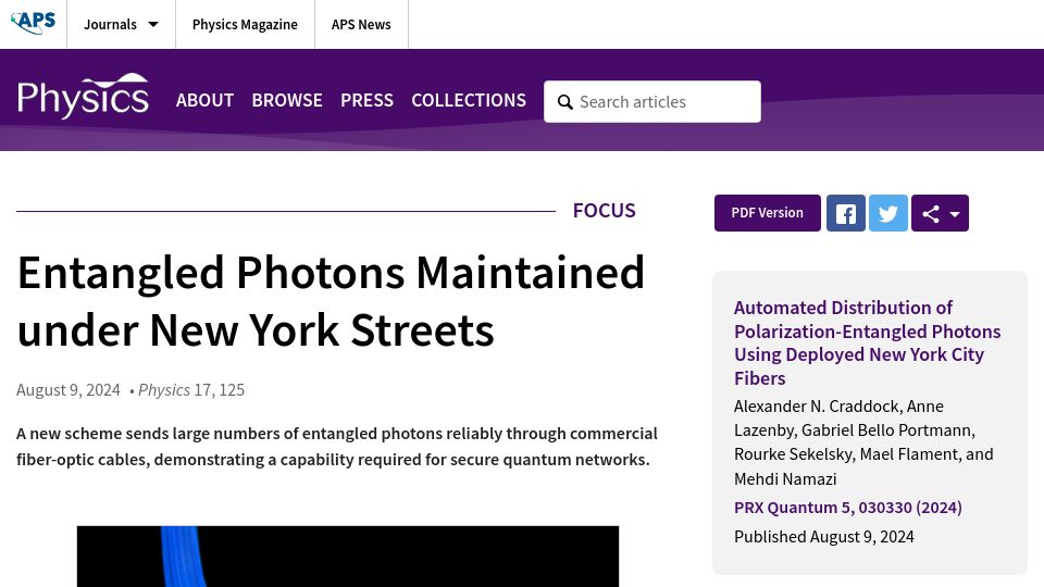 Screenshot of physics.aps.org: Entangled Photons Maintained Under New York Streets
