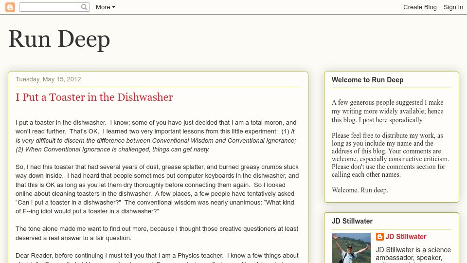 Screenshot of jdstillwater.blogspot.com: I put a toaster in the dishwasher (2012)