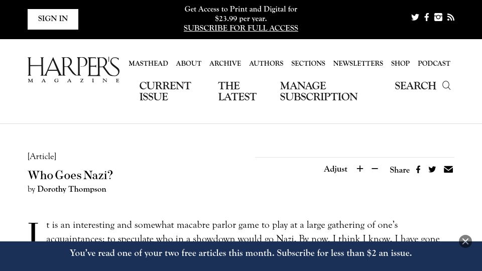 Screenshot of harpers.org: Who Goes Nazi? (1941)