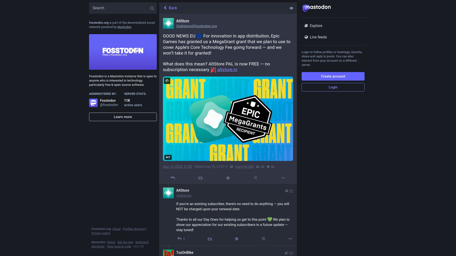 Screenshot of fosstodon.org: AltStore PAL receives Epic Games MegaGrant, will no longer require subscription