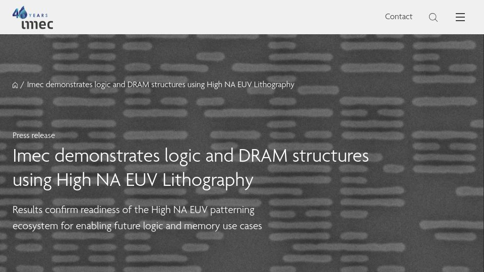 Screenshot of imec-int.com: Imec demonstrates logic and DRAM structures using High NA EUV Lithography