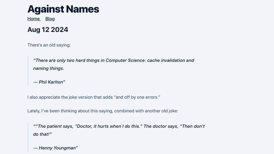 Screenshot of steveklabnik.com: Against Names