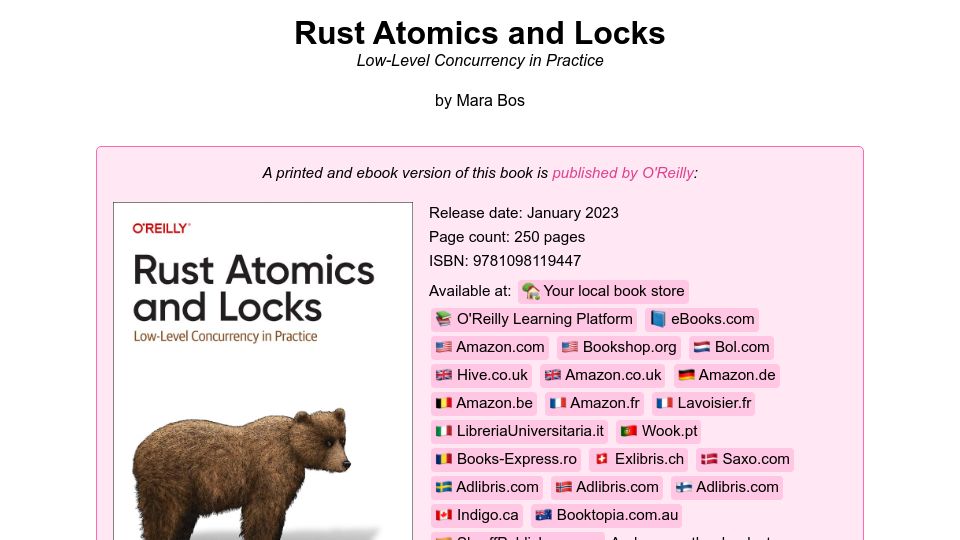 Screenshot of marabos.nl: Rust Atomics and Locks (2023)