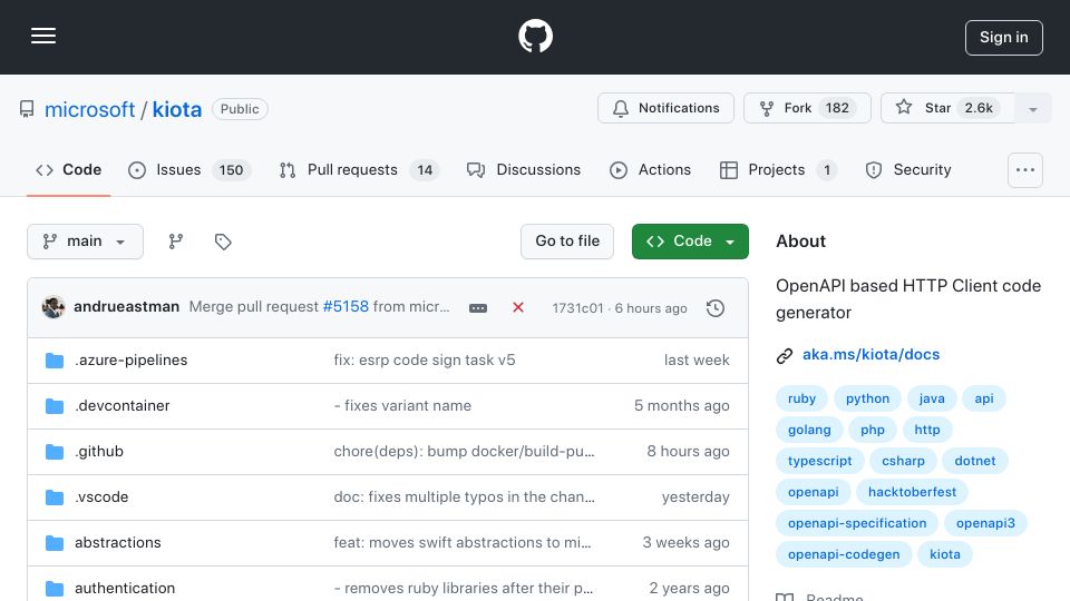 Screenshot of github.com: Kiota: OpenAPI-based HTTP client code generator