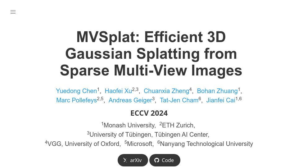 Screenshot of donydchen.github.io: MVSplat: Efficient 3D Gaussian Splatting from Sparse Multi-View Images