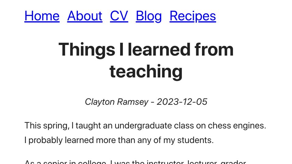 Screenshot of claytonwramsey.com: Things I learned from teaching (2023)