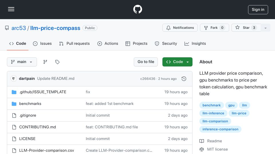 Screenshot of github.com: Show HN: Open-source LLM provider price comparison