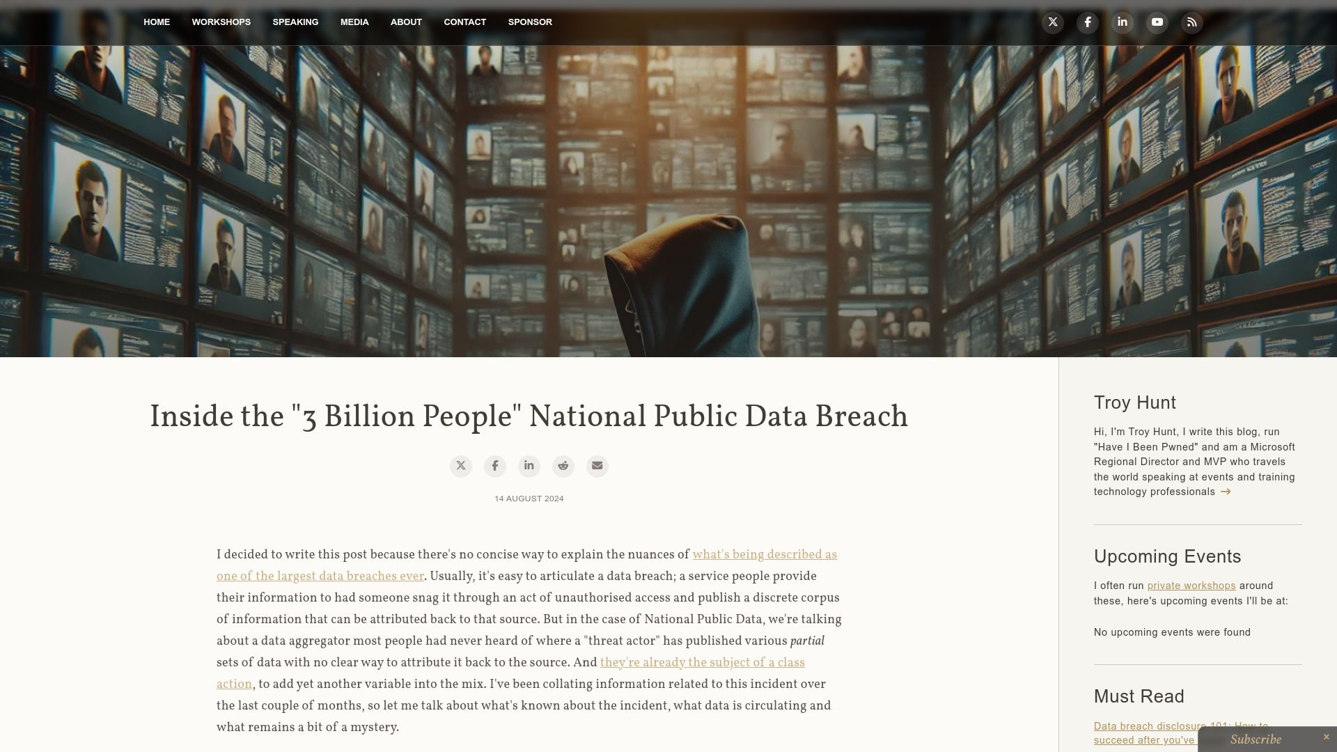 Screenshot of troyhunt.com: Inside the "3 billion people" national public data breach