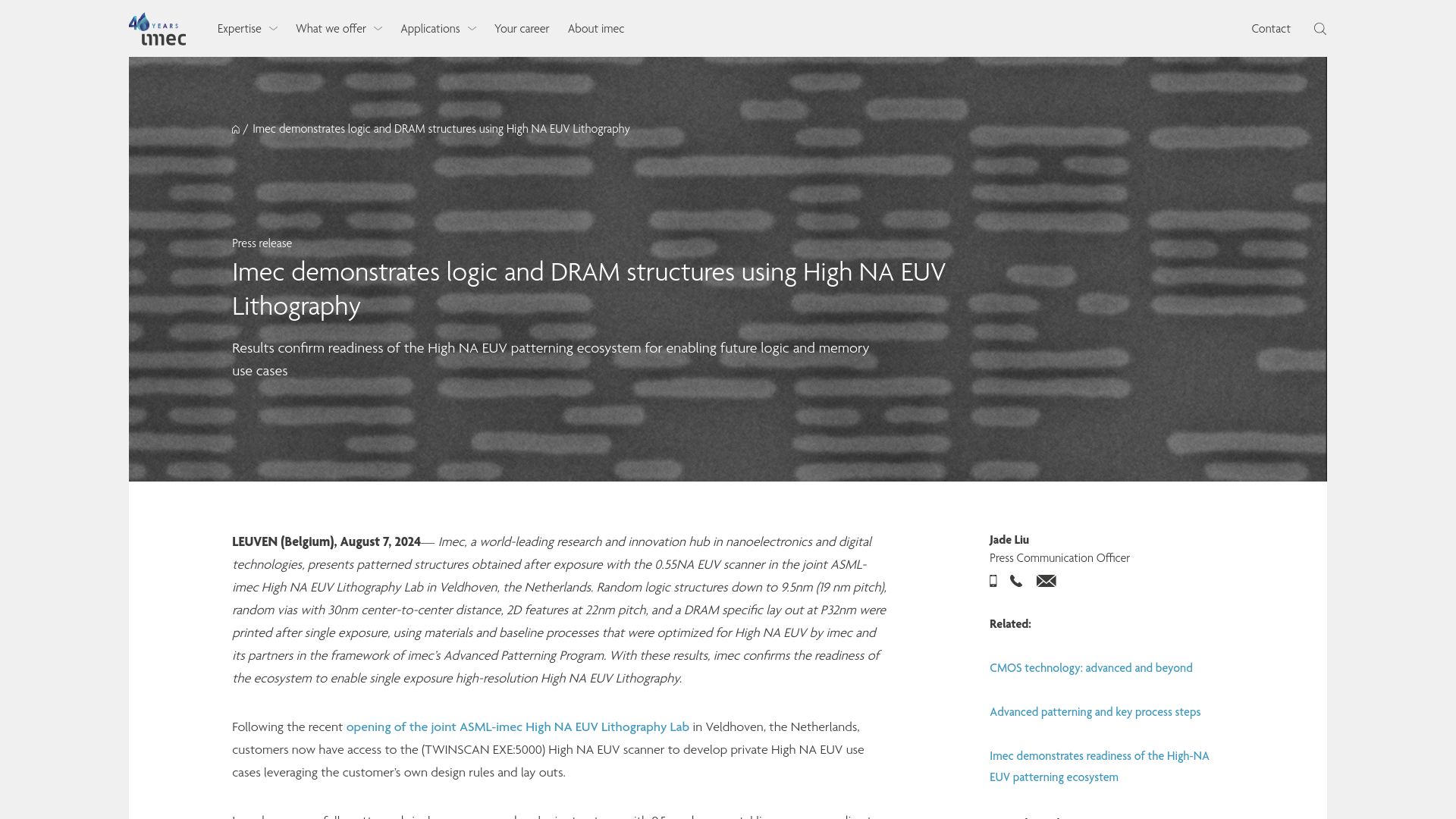Screenshot of imec-int.com: Imec demonstrates logic and DRAM structures using High NA EUV Lithography