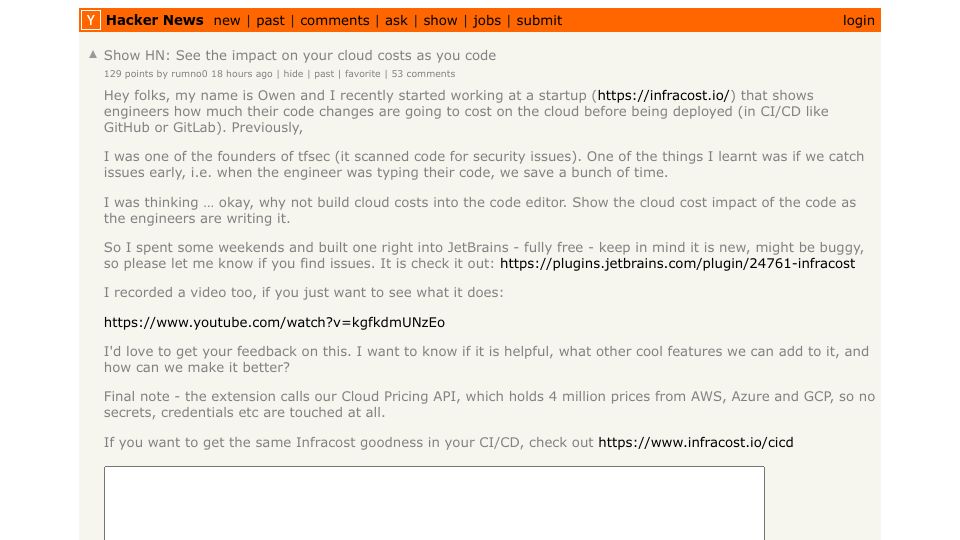 Screenshot of Hacker News post: Show HN: See the impact on your cloud costs as you code
