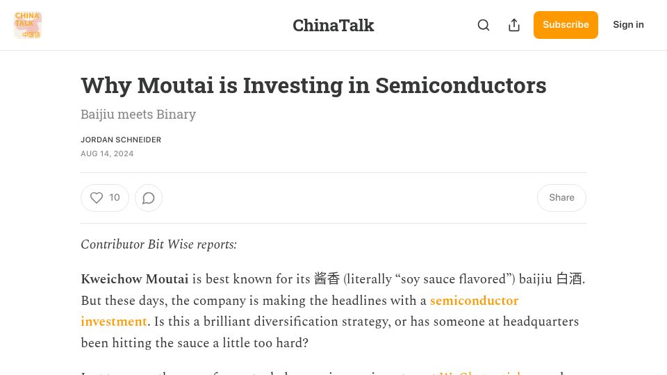 Screenshot of chinatalk.media: Baijiu Meets Binary: Why Moutai is Investing in Semiconductors