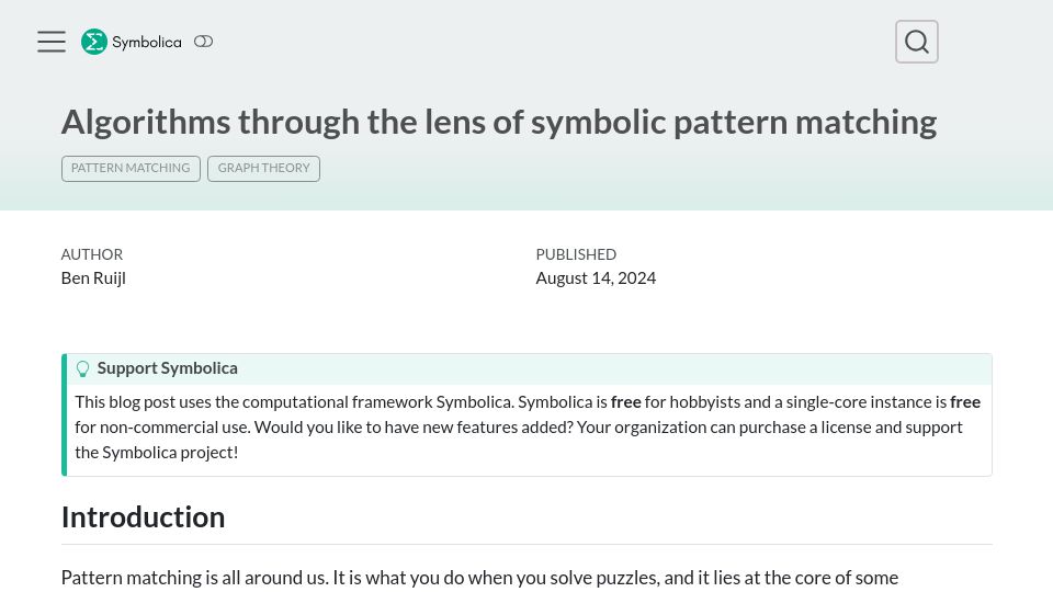 Screenshot of symbolica.io: Algorithms through the lens of symbolic pattern matching