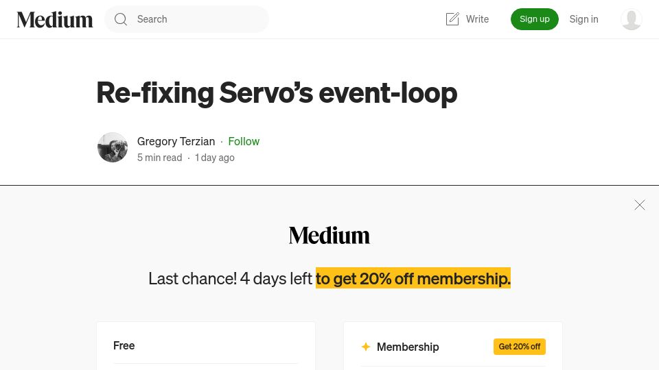 Screenshot of medium.com: Re-fixing Servo's event-loop