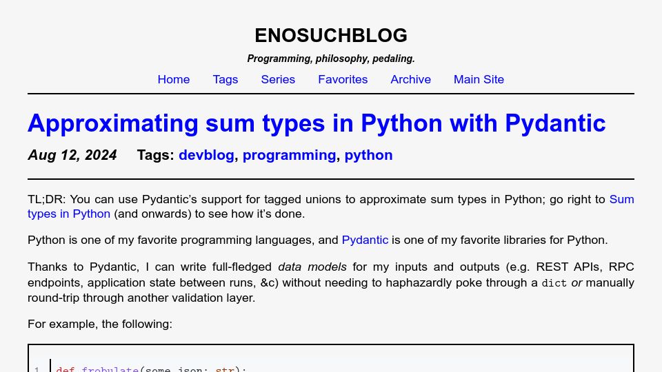 Screenshot of blog.yossarian.net: Approximating sum types in Python with Pydantic