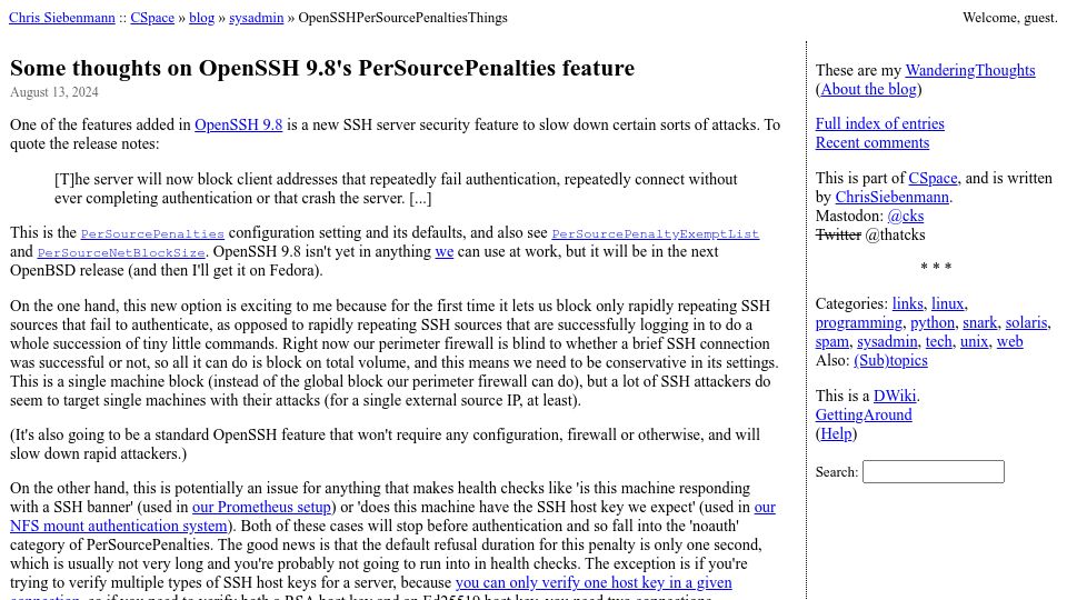 Screenshot of utcc.utoronto.ca: Some thoughts on OpenSSH 9.8's PerSourcePenalties feature