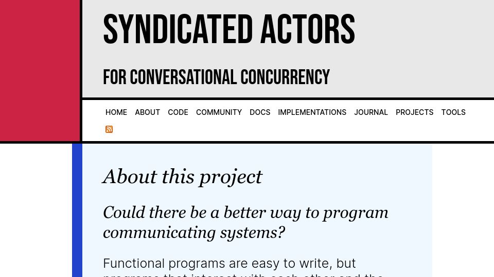 Screenshot of syndicate-lang.org: The Syndicated Actor Model