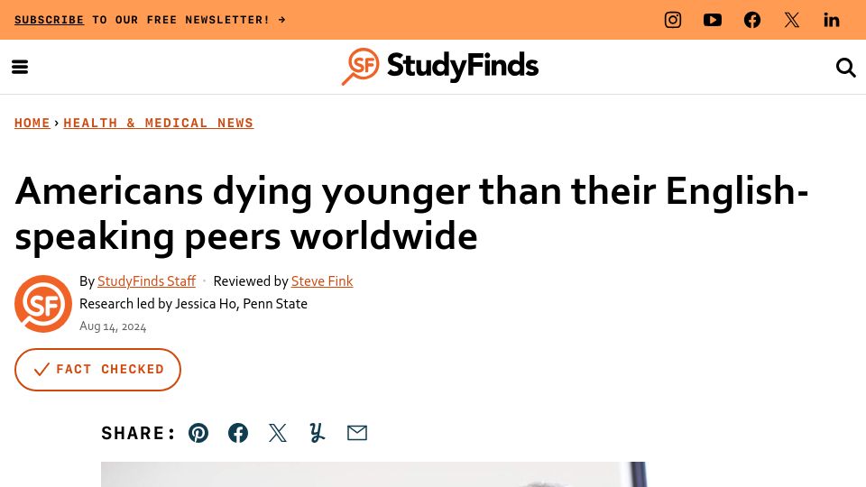 Screenshot of studyfinds.org: Americans dying younger than their English-speaking peers worldwide