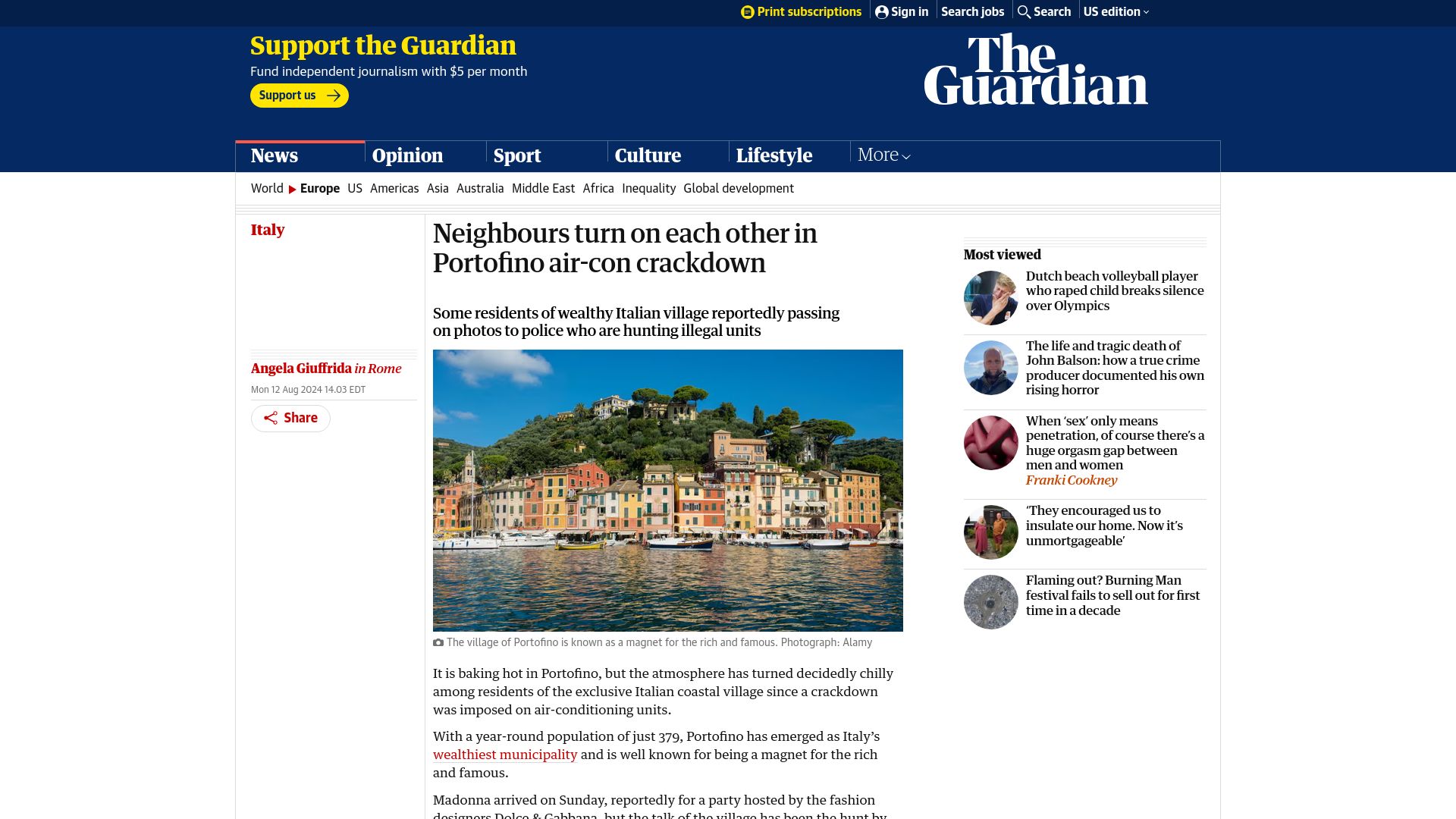 Screenshot of theguardian.com: Neighbours turn on each other in Portofino air-con crackdown