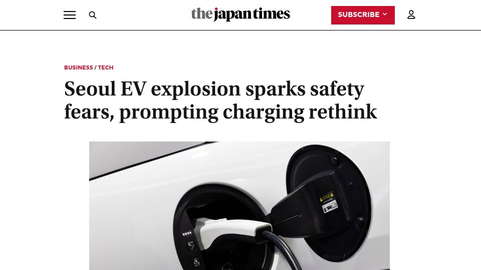Screenshot of japantimes.co.jp: Korea EV explosion prompts charging rethink, sparks safety fears