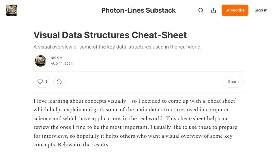 Screenshot of photonlines.substack.com: Visual data structures cheat sheet